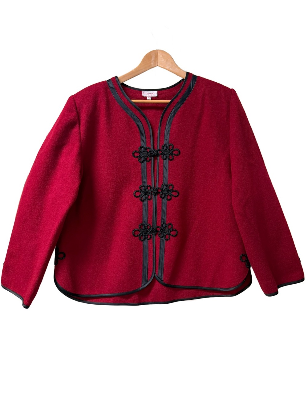 Silhouette Vintage Red 100% Boiled Wool Frog Closure Jacket Plus 42 Ruby